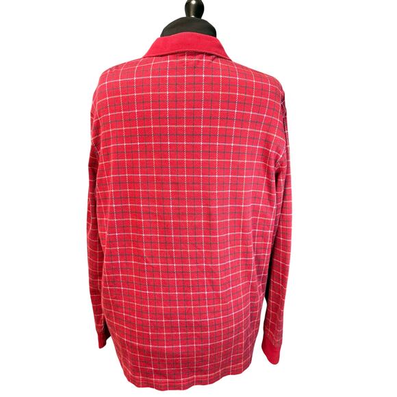 Lands' End Traditional Fit Men's XL Red / White Plaid Long Sleeve Polo Shirt - Picture 3 of 8